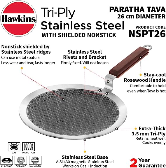 Hawkins 26 cm Paratha Tava, Triply Stainless Steel Shielded Nonstick Tawa with Rosewood Handle, Honeycomb Non Stick Induction Tawa, Silver (NSPT26)