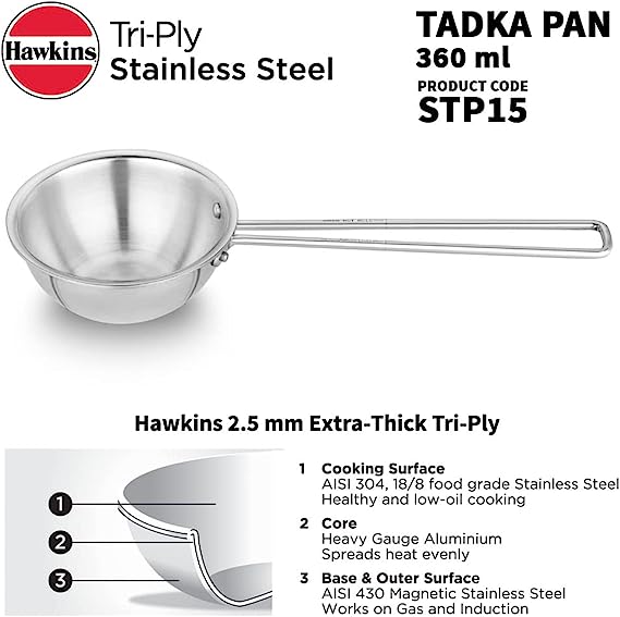 Hawkins 1.5 Cup Tadka Pan, Triply Stainless Steel Pan, Silver (STP15)