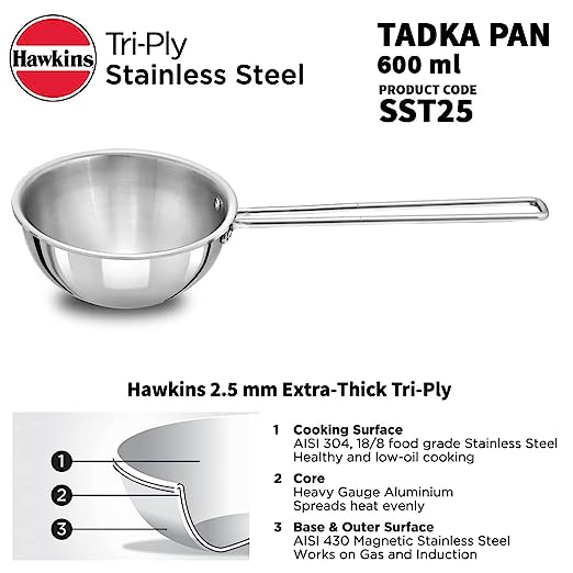 Hawkins 2.5 Cup Tadka Pan, 600ml Triply Stainless Steel Pan, Silver (STP25)